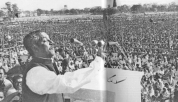 Still photograph of Sheikh Mujibur Rahman delivering speech on 7 March 1971